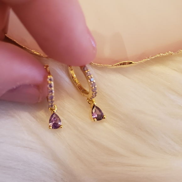Amethyst Purple Pave & Gold Huggie Hoops - Picture 2 of 3